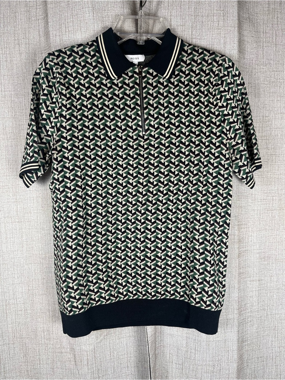 REISS 1/4 Zip Neck Polo Shirt Sz XS Green White Brown Geometric Print EUC